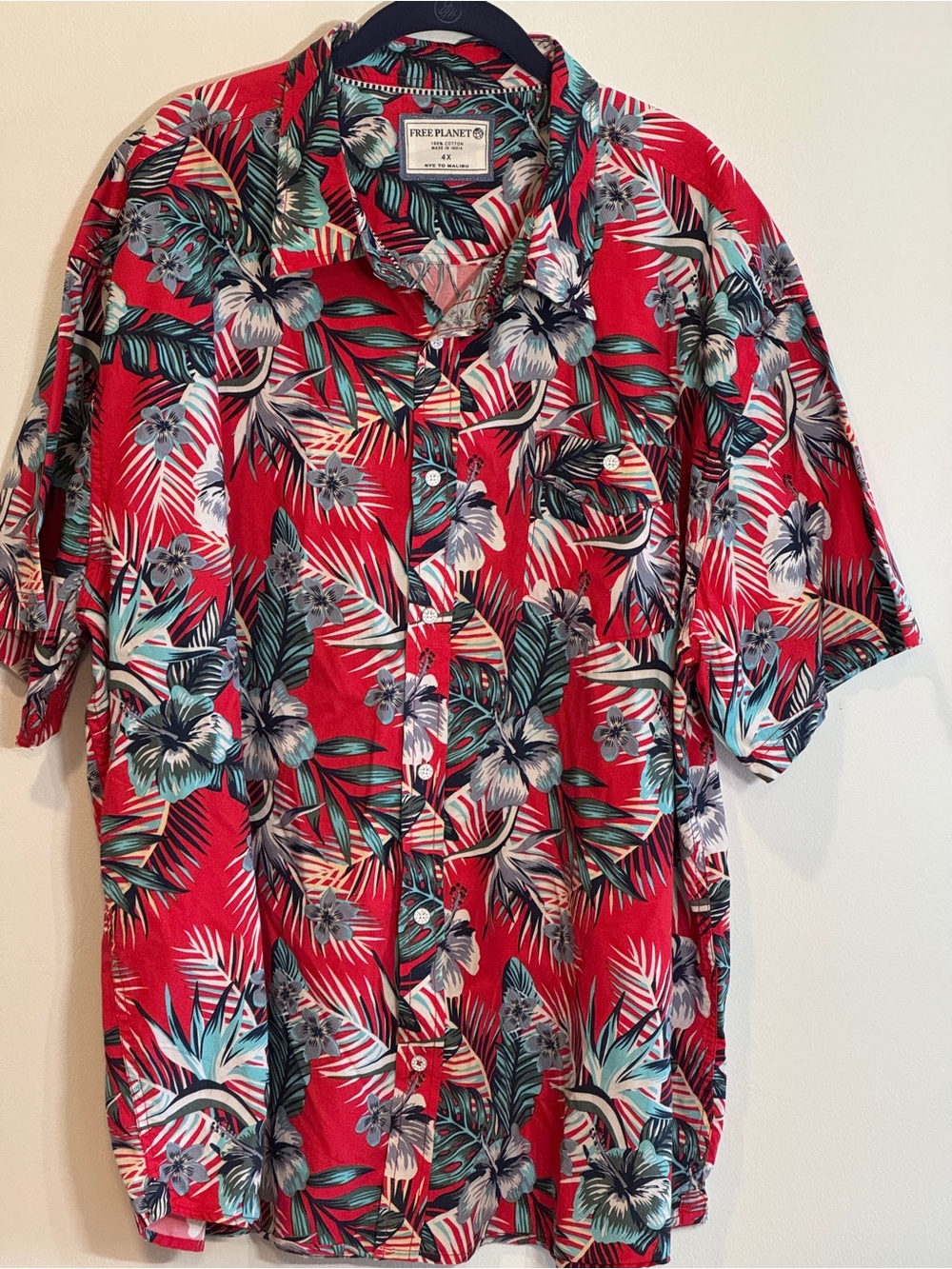 Free Planet Tropical Floral Button Shirt 4X Cotton Red Hibiscus